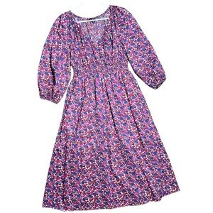 J. Crew V-Neck Midi 100% Cotton Floral Dress In Berry Floral Sz M